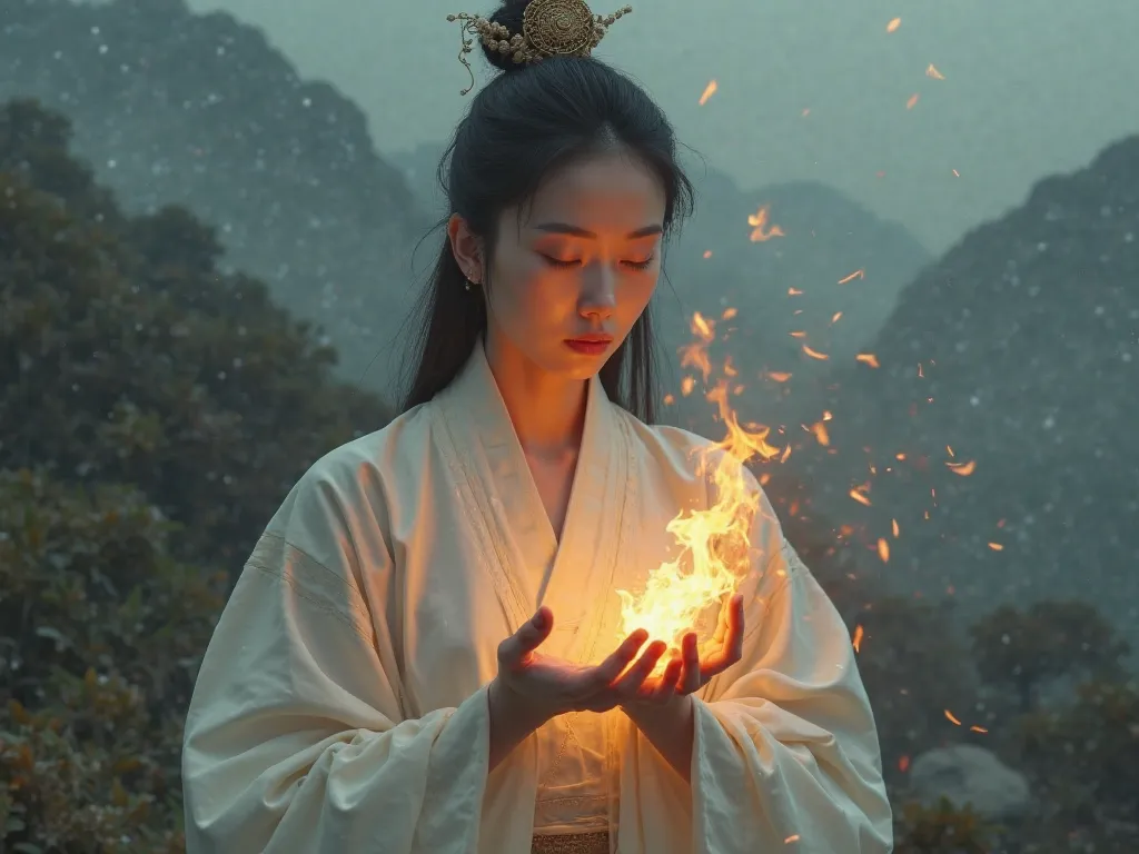 Take a picture of the flame from the fingertips of a slender sacred Korean woman