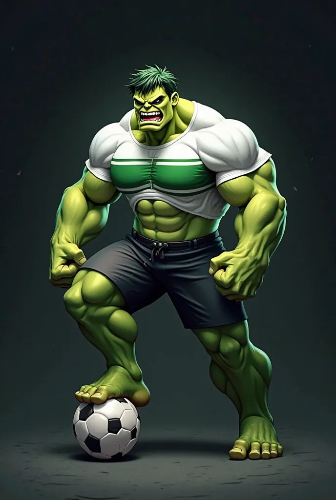 A digital illustration of Hulk as the mascot of an e-sports team. He is wearing a white shirt with a horizontal green stripe across the chest, black shorts, and green socks. His muscular physique is emphasized, and he has an intense, angry facial expressio...