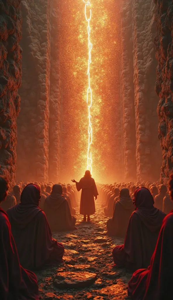 8K Ultra HD, HDR, cinematic heroic shot — In a darkened **prison of jagged stone**, hundreds of souls sit **bound by glowing red chains**, their eyes hollow with despair. Jesus **extends his hand**, touching the chains, which instantly **shatter into golde...