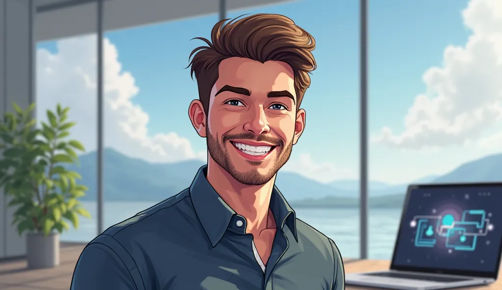 a highly detailed, 8k, ultra-realistic, photorealistic, HDR digital art illustration of a thumbnail for a youtube video about "The $100/Day AI Automation Side Hustle", featuring a close-up portrait of a confident, smiling young man wearing a casual outfit,...