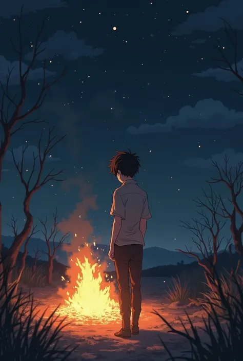 Anime boy walking away from the fire in night 