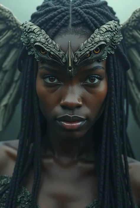 Face of a black-skinned woman with an eagle's peak 