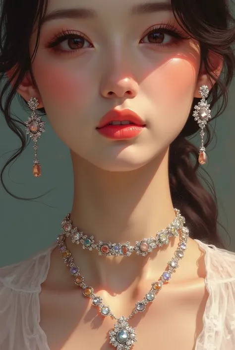 a close up of a woman wearing a necklace and earrings, a fine art painting inspired by Yanjun Cheng, tumblr, digital art, digital art of an elegant, diamonds around her neck, elegant digital painting, exquisite digital illustration, beautiful retro art, ex...