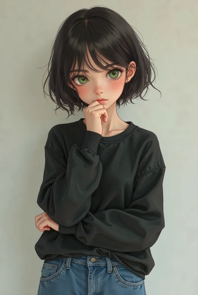 Draw a 15-year-old girl who is short, with dark hair ,  short hair, green eyes,wearing a black sweatshirt and blue wide leg jeans 