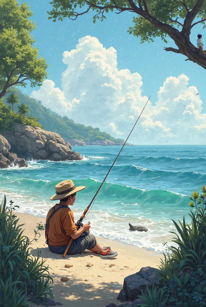 A young fisherman sits on the seashore fishing where the nature is charming