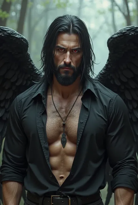 Man with a black shirt on , black long hair, red eyes, black wings, creepy, sexy,  muscular, Short three days beard . 