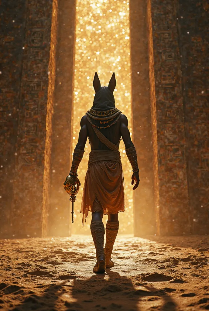 "The first-person vision of Anubis, the jackal-headed Egyptian god, arriving in front of a large portal that leads to the world of the dead. Your feet, wrapped in time-worn bandages, stepping firmly on the sandy ground, that gradually transforms into a sto...