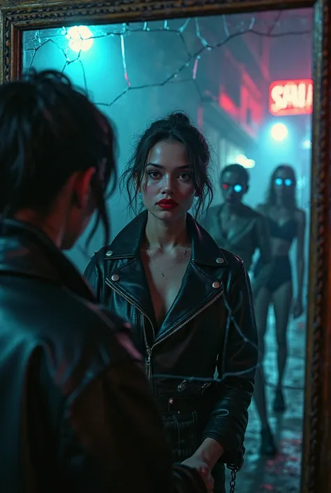 A dramatic and mysterious scene inspired by Riverdale, featuring a fearless young woman calmly applying bold red lipstick in a dimly lit, eerie environment. Behind her, zombies creep through a foggy, neon-lit alley, their glowing eyes and shadowy figures a...