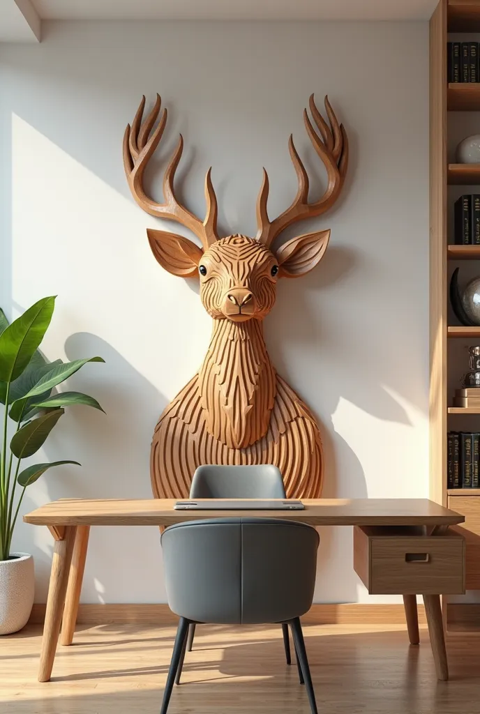 Create a picture of a modern desk with a picture of a wooden deer singing on the wall behind the desk