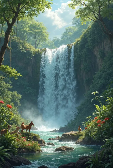 Vegetation and fauna in front of the waterfall you generated in the previous image, main focus on the waterfall, hidden but visible animals