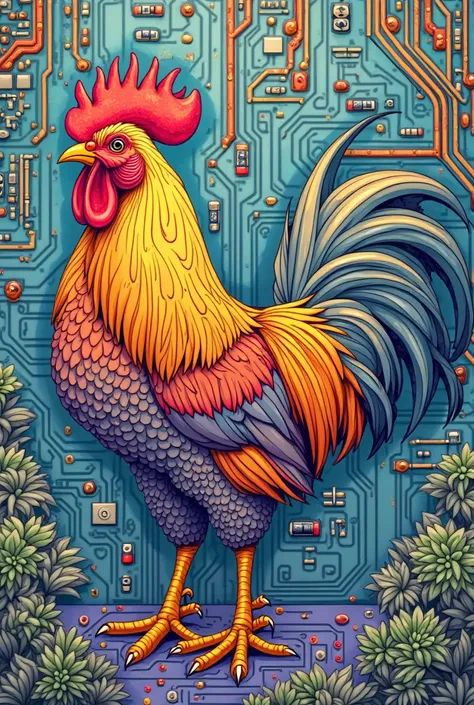 A coloring page of a rooster, Put a motherboard inside 