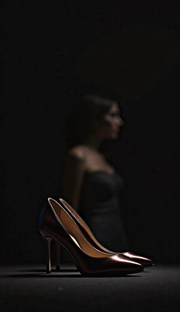 "Suggestive image of a pair of elegant high-heeled shoes on a dark background, with soft light that highlights the lines and texture of the shoe.  In the background, a faint reflection of a female figure,  without showing her face, suggesting sensuality an...