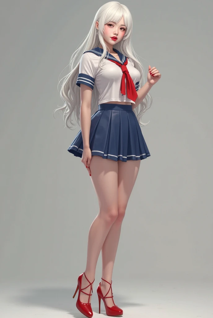 Create a realistic image of an 20 year old asian girl with long white silky hair with red glossy lips wearing a skimpy white sailor uniform with blue edges woth red tie and make her breast big and make her body sexy curvy with rosy white skin wearing blue ...