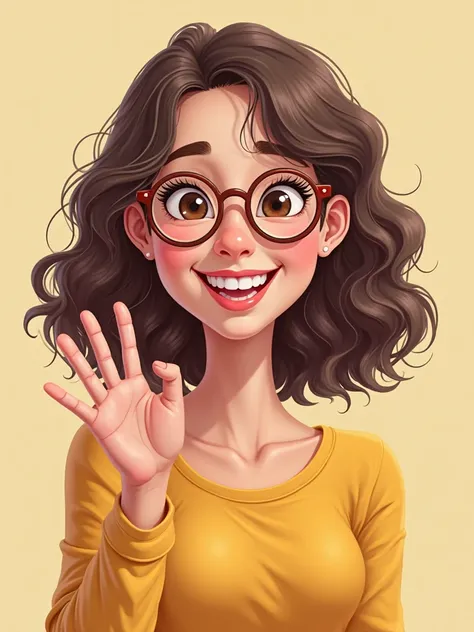 A young lady smiling,  curly hair with lenses, white skin, smiling and with his hand pointing to something, in cartoon