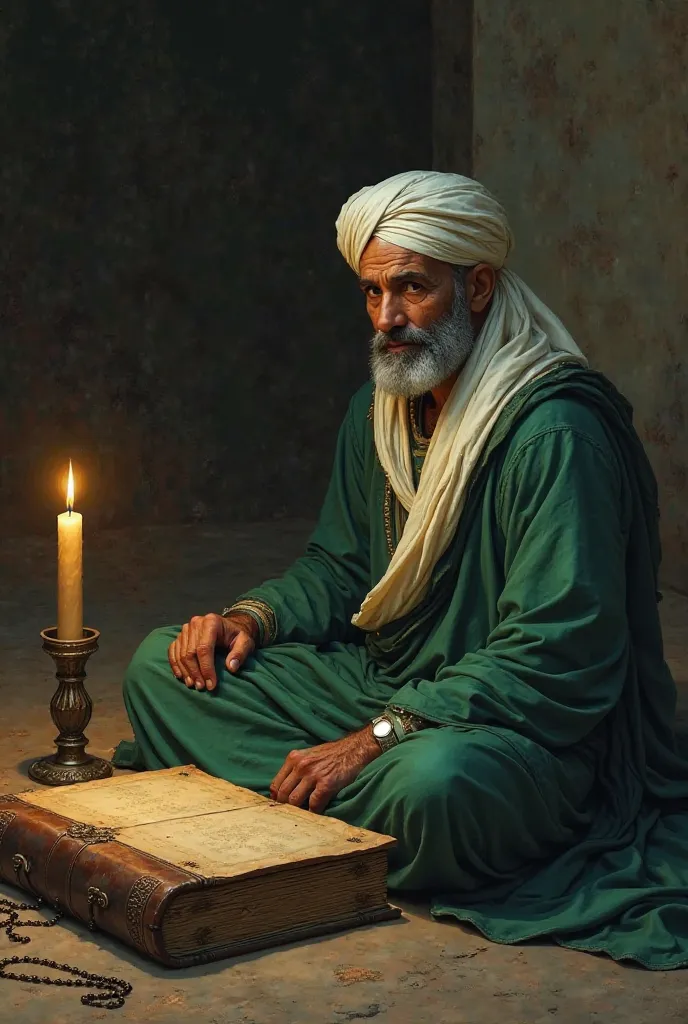 A man in a dark room next to a candle, a large old book and a rosary on the ground wearing green halabab and a white turban