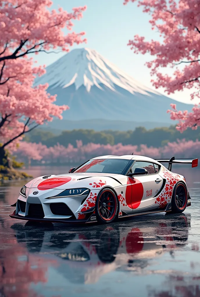 a car that represents Japan, in their national colors and realistic, background from Japan and car brand that comes from Japan, and their national flag
