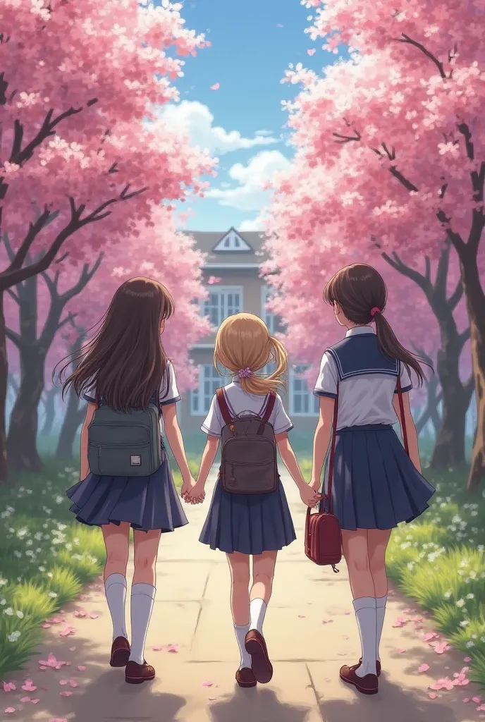 (masterpiece), (best quality), very aesthetic, absurdres, highly detailed, perfect composition, 3 girls on the left from the back walking to the school and one girl in the right walking in front of them looking at them happy and all the girls wearing unifo...