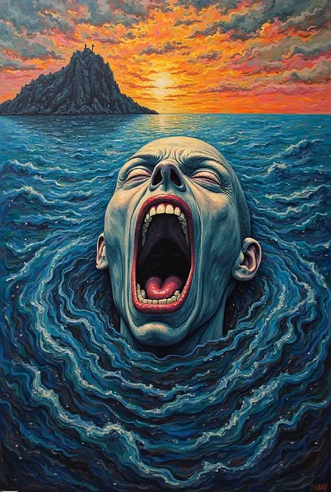 a painting with the same artistic characteristics as The Scream, de Edvard Munch.  However, This painting must contain only a sea and an island with the same face as the painting The Scream. 