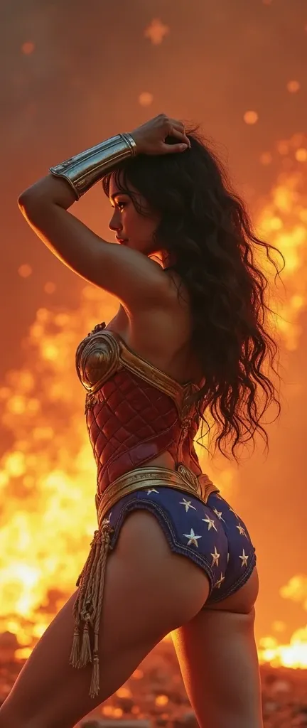 live-action、 Hair、A cute Japanese Wonder Woman in her 20s stands on her knees、Well-balanced musculature、Show me your huge ass、I'm turning my back to the camera and turning my face、 Wonder Woman's Perfect Costume、Wonder Woman raises her arms so that her sid...