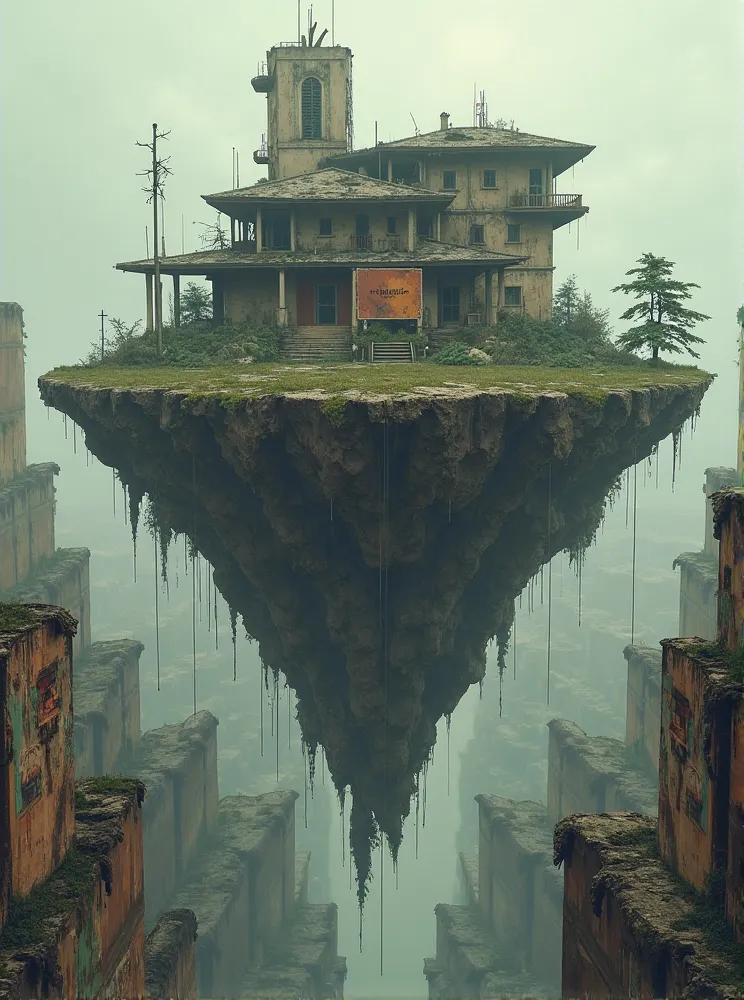 floating small island on it modern style with dilapidated big house with alley intertwined wall with light advertising with dystopian atmosphere