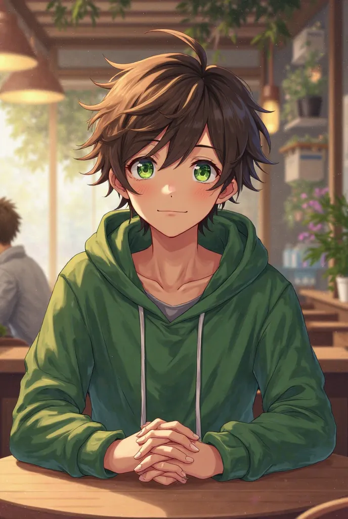  Anime boy,20 years,Power Earth,brown hair,Green eyes hoodie cafe,happy