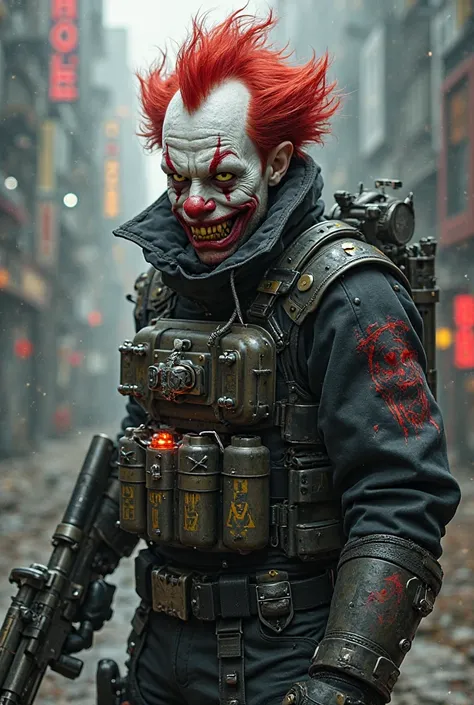 A cyberpunk mercenary with a terrifying and insane appearance, blending military brutality with a twisted clown aesthetic. His skin is albino, deathly pale, as if he has never seen the sun. His face is permanently twisted into a sadistic grin, with wide, m...