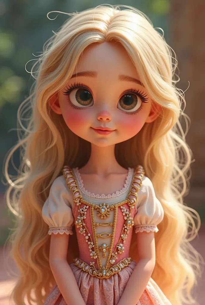 Cartoon Full body girl with oval face, big cheeks with soft and delicate features, big eyes long wavy blonde hair, dressed in a traditional dress from the Barbie movie.