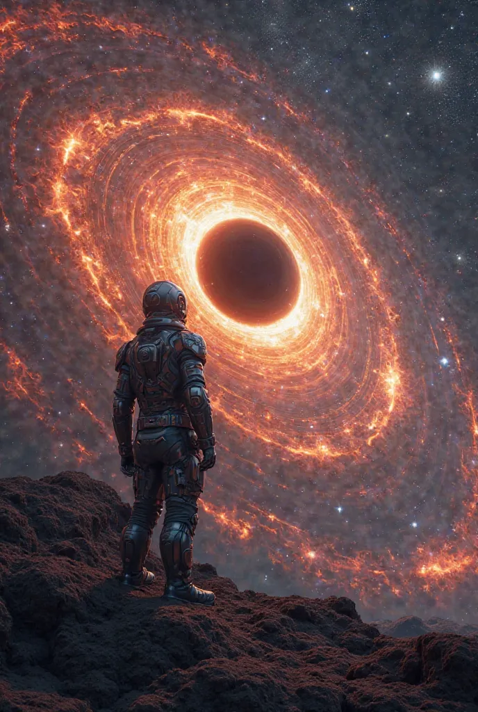 "In a futuristic setting, an advanced time machine, with reflective metallic surfaces and intricate details, stands before a massive black hole. The black hole distorts the space-time around it, with a glowing accretion disk and superheated gases spiraling...