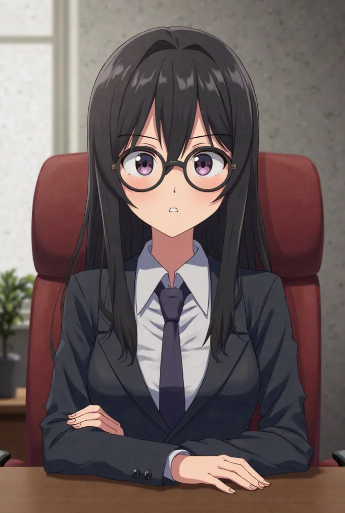 Make an anime desk sitting in an executive chair, She has long black hair and wears round glasses, She is sitting sideways in relation to the chair and lowers her glasses a bit looking at me. She's speaking with an angry expression.