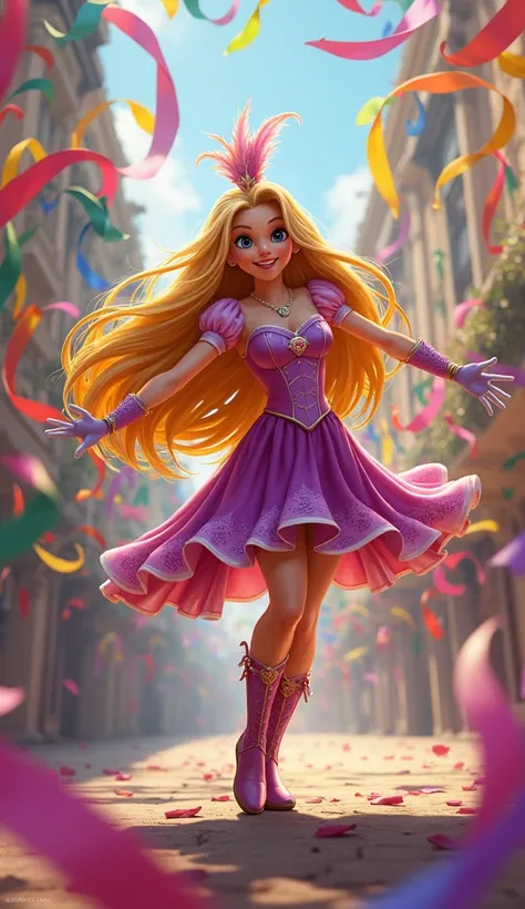 Create a digital illustration of Rapunzel, is a popular Disney character, appears in a dynamic pose, with her arms extended to the sides and her legs slightly bent at the knees, very long hair, she is wearing a carnival outfit and a feather crown on her he...