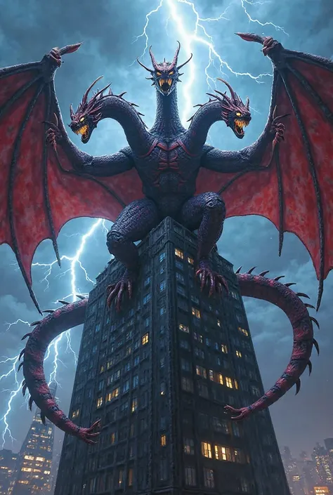 "Create a hybrid creature combining King Ghidorah and Spider-Man. The being has three dragon-like heads with glowing eyes and sharp teeth, inspired by Ghidorah, but with Spider-Man’s signature red and blue webbed patterns across its scales. Its muscular bo...