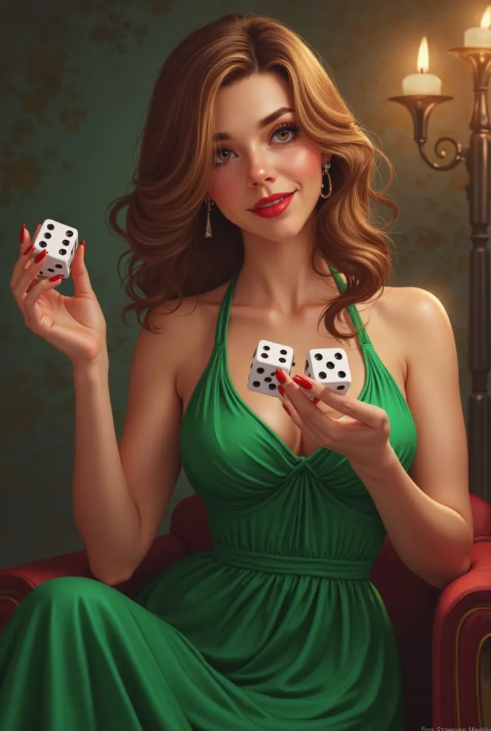 a woman in a green dress holding a pair of dices, maxis, cover shot, 3 ss max, 2050, switch, by Slawomir Maniak, fanart, 2 0 5 6, trending on devian art, 2025, masuimi max, gambling, 2045, serena malyon, 💣 💥
