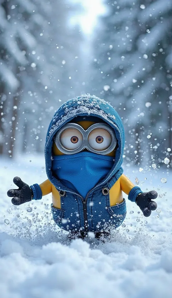 "A minion dressed as Sub-Zero from Mortal Kombat, wearing a blue ninja mask that covers the lower part of the face and a dark blue ninja costume. He is in a combat pose, with arms outstretched and hands in position to launch an ice blow. Around him, there ...