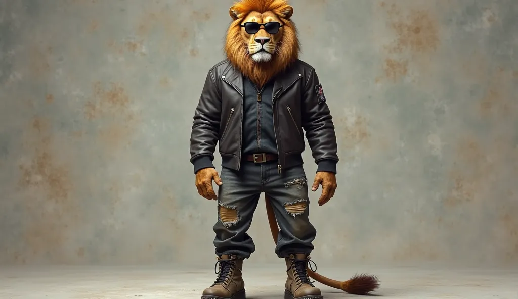 Create a hyper-realistic image of a humanized lion, wearing sunglasses and a black leather jacket and black jeans with combat boots. while staring at the camera


