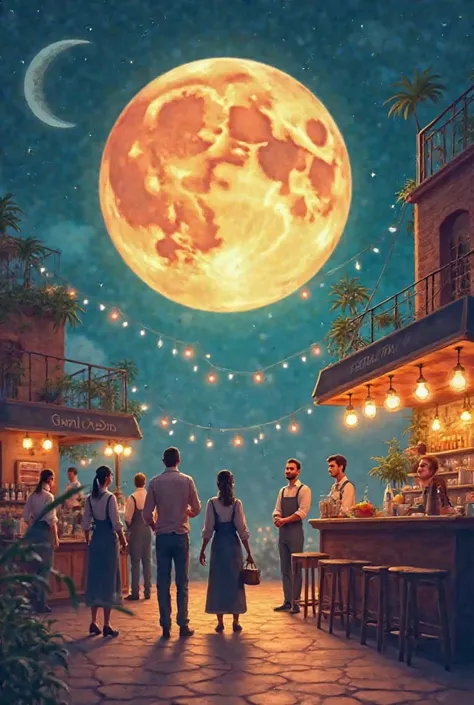 Create a colorful background for me #B67956 and the moon of Ramadan is big in color #ede3d7 and small workers wear barista costumes. One of the workers carries Tamra and the rest shine the moon. The name of the cafe is (kuba coffee)  In English, it is at t...