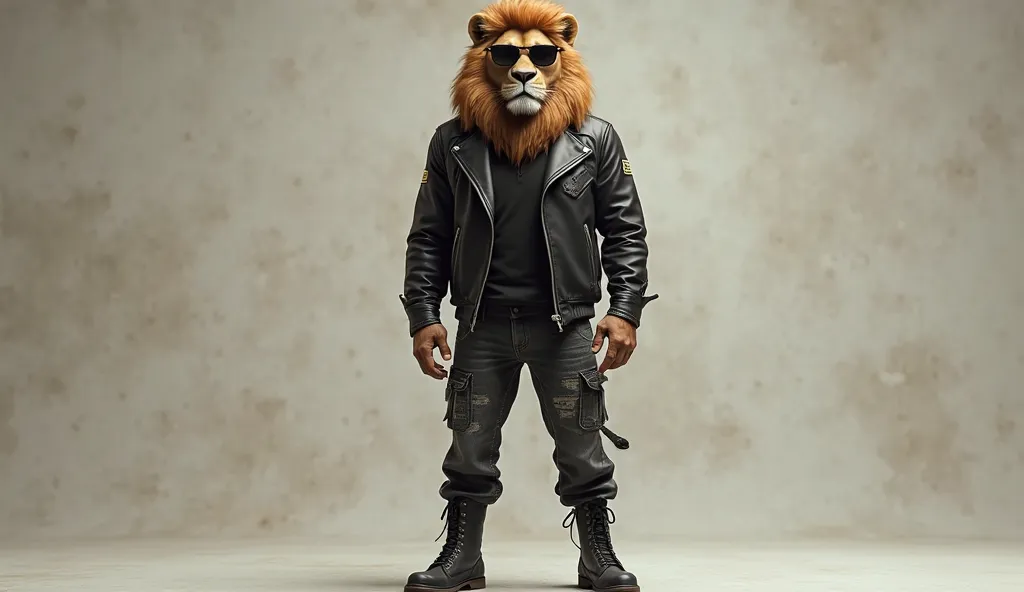 Create a hyper-realistic image of a humanized lion, wearing sunglasses and a black leather jacket and black jeans with combat boots. while staring at the camera


