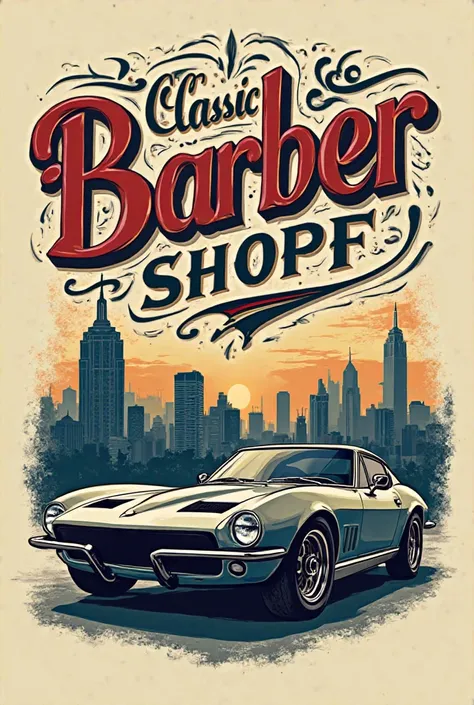 Barber shop logo and a skyline car below 