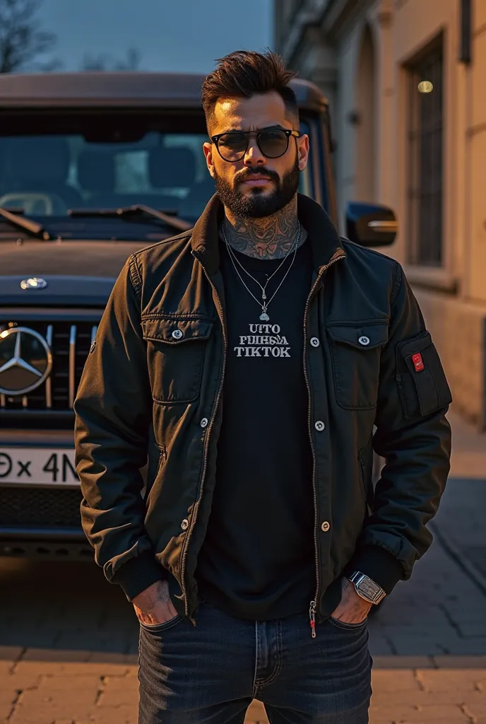 Draw a Latin man with a beard and tattoos with black Puma, a jacket, a black flannel for men with the inscription “SALSITA TIKTOK” and black glasses  , shoes Standing next to a Mercedes G-Class, Black At night HIGH QUALITY PHOTOREALISTIC PHOTO 