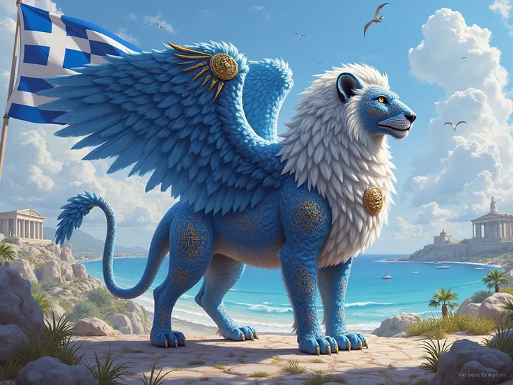 a mythical beast that represents greece,it should be their national animal in their national colors and realistic, background from greece and their national flag
