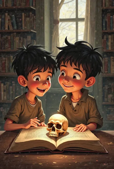 Two boys are reading a book with a skull in it. They laugh at the skull.