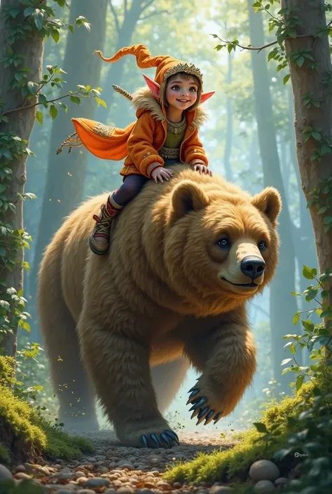 elf riding a bear wearing an orange jacket