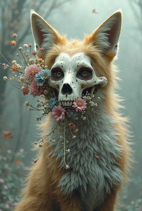 fox fused with skull and flowers in the mouth