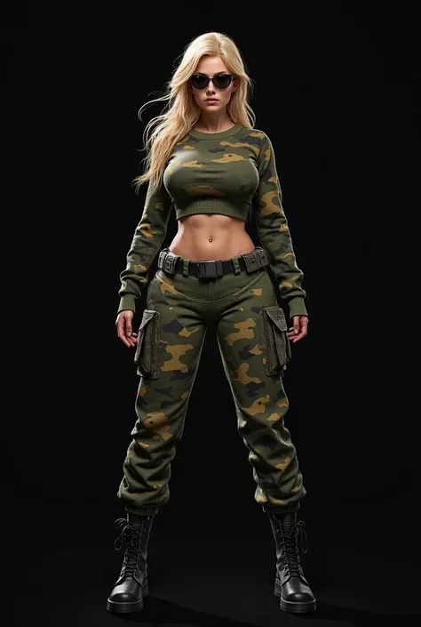 1girl, black background, blonde hair, camouflage, camouflage pants,long hair, midriff, military, solo, sunglasses, sweater, yellow eyes, large breasts, thick thighs, spreads legs, looks at viewer