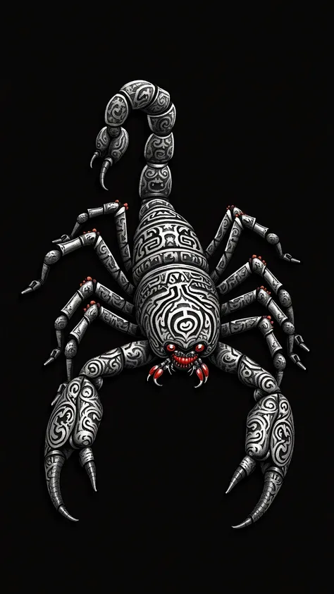 A dramatic close-up illustration of a scorpion, rendered in a bold tribal tattoo style, reminiscent of Polynesian and Maori influences. The scorpion, powerfully depicted in a dynamic, almost aggressive pose, its claws extended menacingly, is the focal poin...