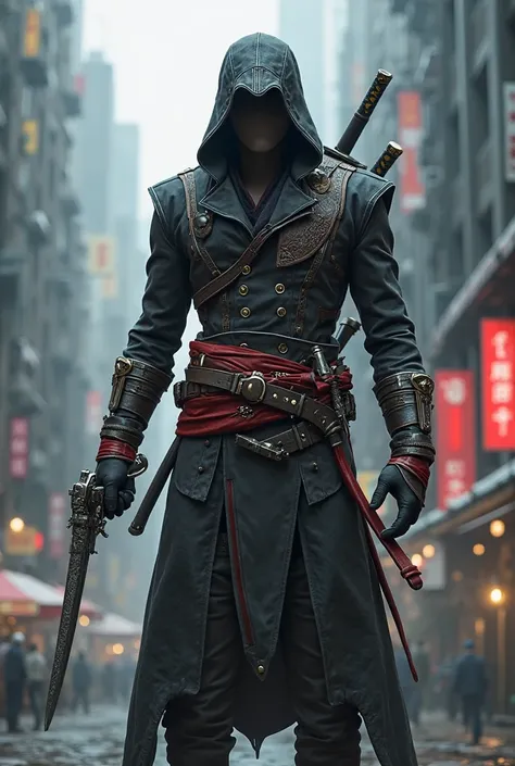 Assasin creed modern time suit with hidden blade on his wrist katana at his back and guns ar his belt