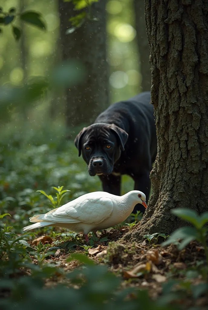 In a dense, green forest, a pure white pigeon is peacefully eating on the forest floor, unaware of the danger nearby. Behind a thick tree, a black dog with piercing eyes watches the pigeon closely, hiding in the shadows. The dog’s body is tense, ready to p...