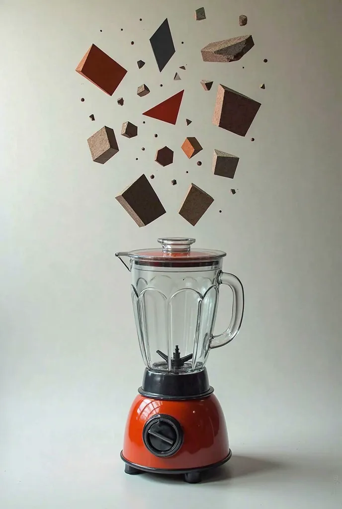 Take an apparatus such as a blender or a fan and break down its parts into irregular polygons that float or disperse through space. These polygons can be triangles, hexagons or any irregular shape that moves away from symmetry and is organized randomly. Ea...