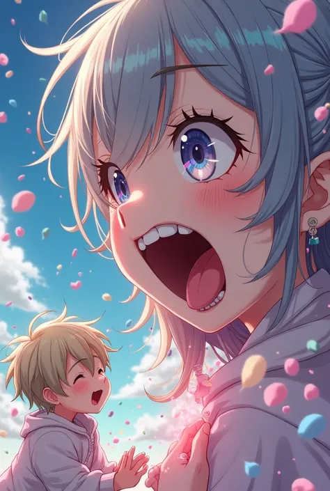 An anime girl opening her mouth wide while a tiny boy peeks inside.