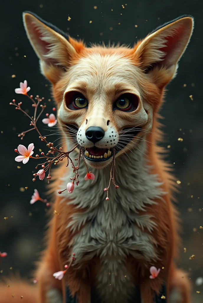 Fox fused with skull and flowers in the furry mouth