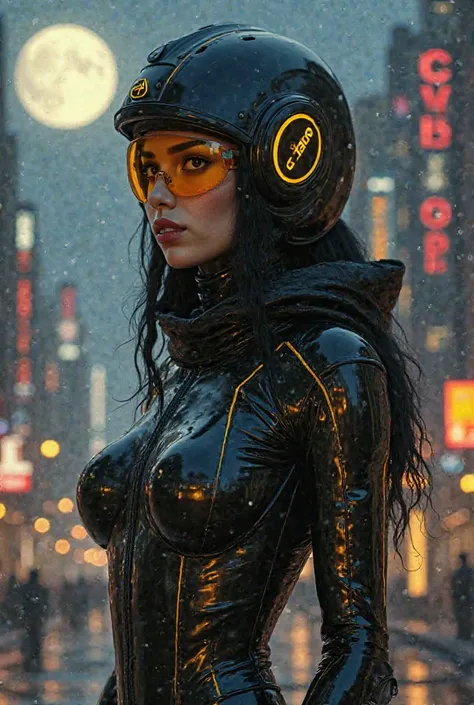 To make a girl with a voluptuous body, dressed completely in shiny black, Like a string, wearing a black helmet with yellow lines, and next to him a Cybor athletic body dressed in black with yellow lines, the beaver's head and golden Oakley lenses, must be...